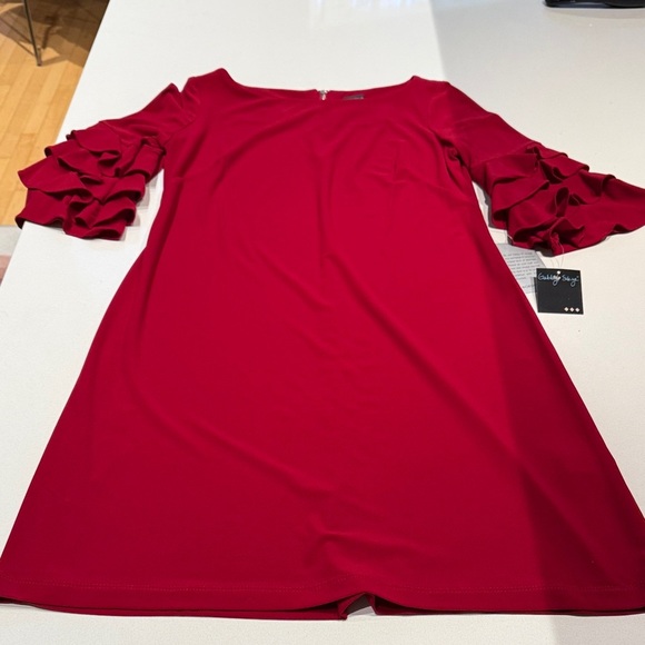 🆕 Gabby Skye Tiered Ruffle Sleeve Mini Dress, Dark Red, Size 10 - Picture 5 of 11